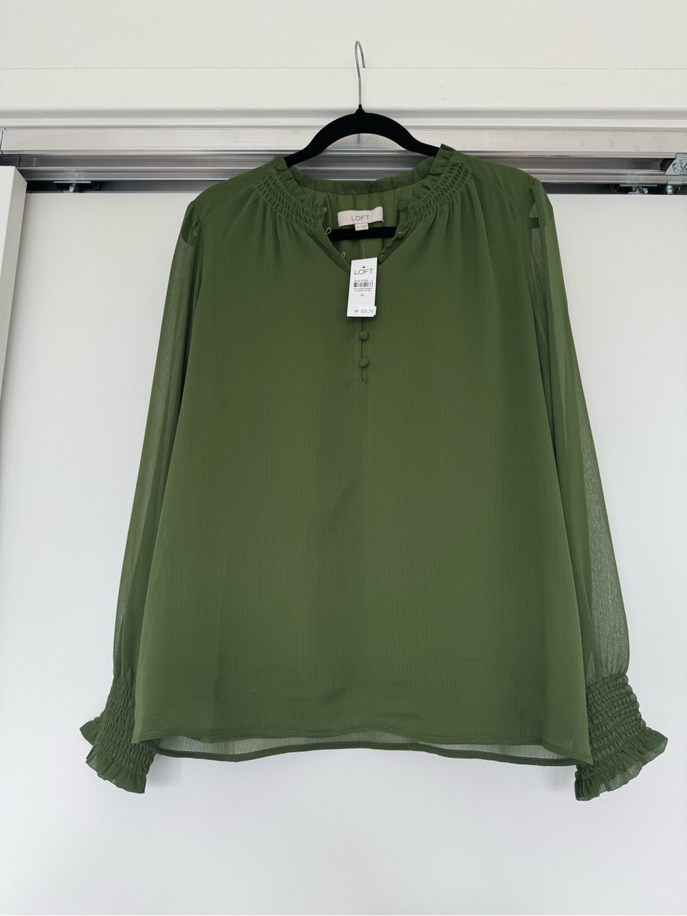 LOFT Olive Smocked Neck Long-Sleeve Blouse